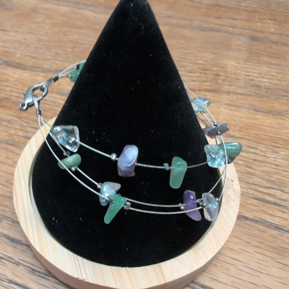 Fluorite Chip Multi Strand Bracelet Green Purple‎ Silver Tone Wire Lobster Clasp - Picture 3 of 3